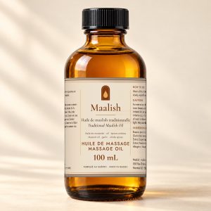 Bouteille ambrée de 100 mL d'huile de massage Maalish / 100 mL amber bottle of Maalish massage oil