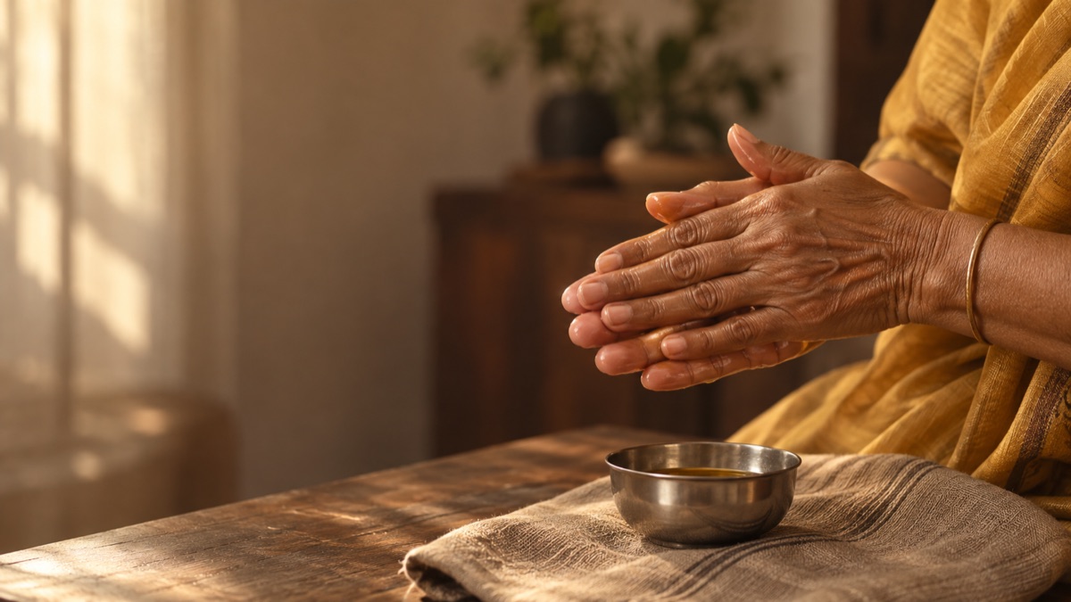 Mains qui réchauffent un peu d’huile au-dessus d’un petit bol en acier