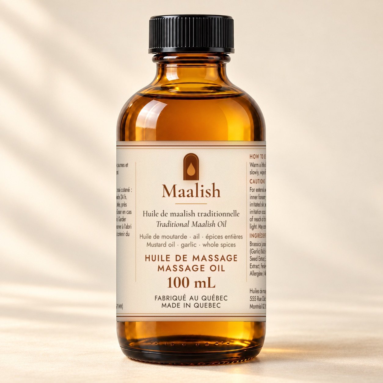 La bouteille d’huile Maalish, étiquette de face (image générée par IA à partir de la vraie étiquette)